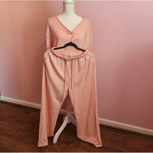 Pinbara 2 Piece Sweat Suit Set Peach Pink Women's Medium Shirt Pants Outfit